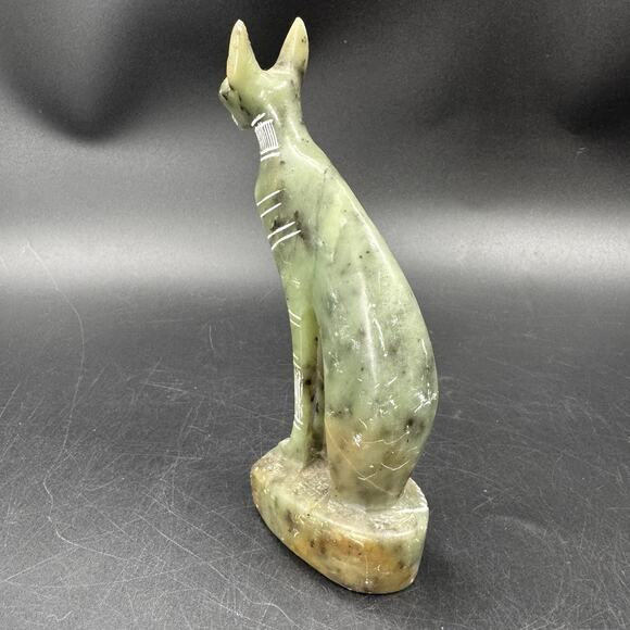 Egyptian Cat of Goddess Bastet Statue Sculpture Figurine Green 7” Tall Stone Vtg - Picture 5 of 8